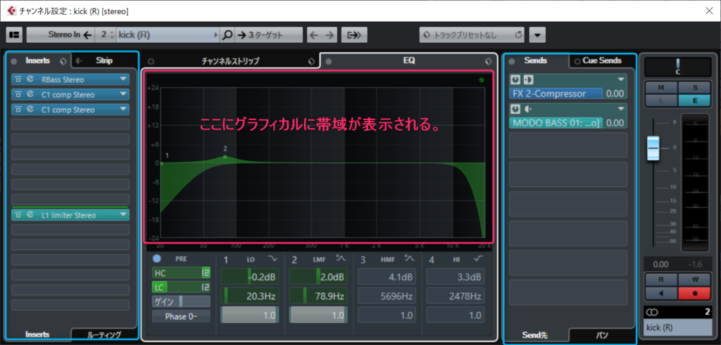 CUBASE　チャンネル設定　チャンネルストリップ